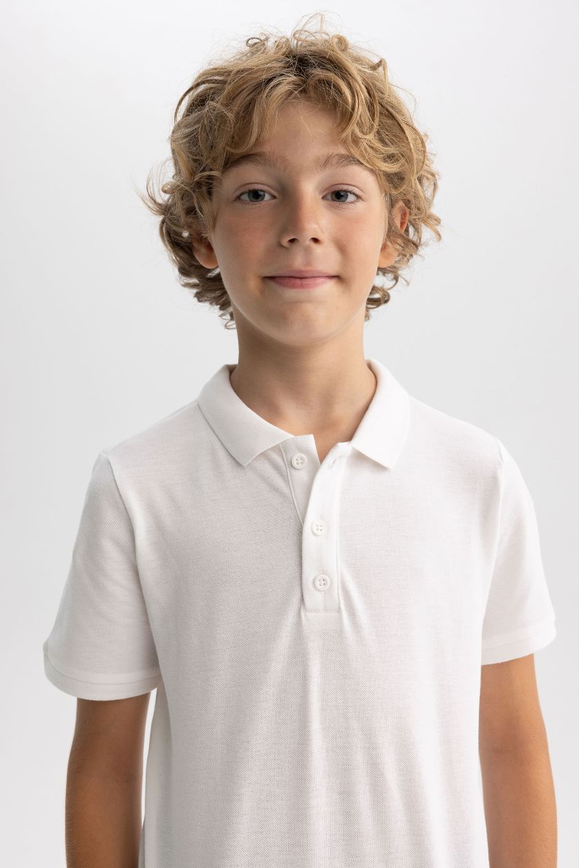 Erkek Çocuk - Genç Erkek Beyaz Pike Kısa Kollu Basic Düz Polo Tişört Erkek Çocuk