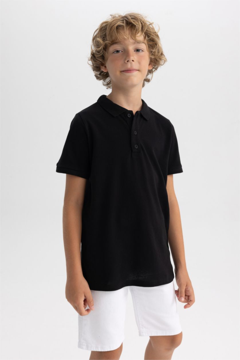 Erkek Çocuk - Genç Erkek Siyah Pike Kısa Kollu Basic Düz Polo Tişört Erkek Çocuk