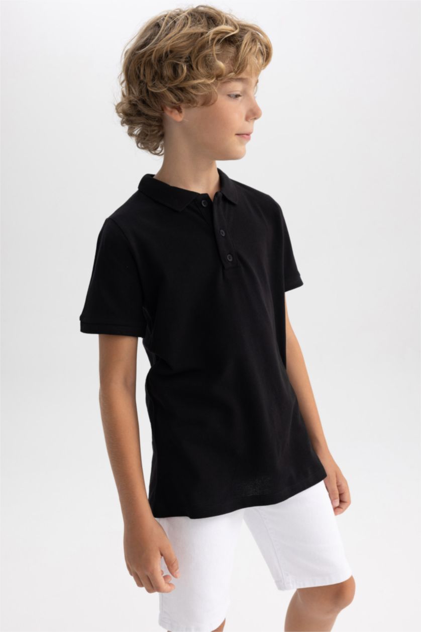 Erkek Çocuk - Genç Erkek Siyah Pike Kısa Kollu Basic Düz Polo Tişört Erkek Çocuk