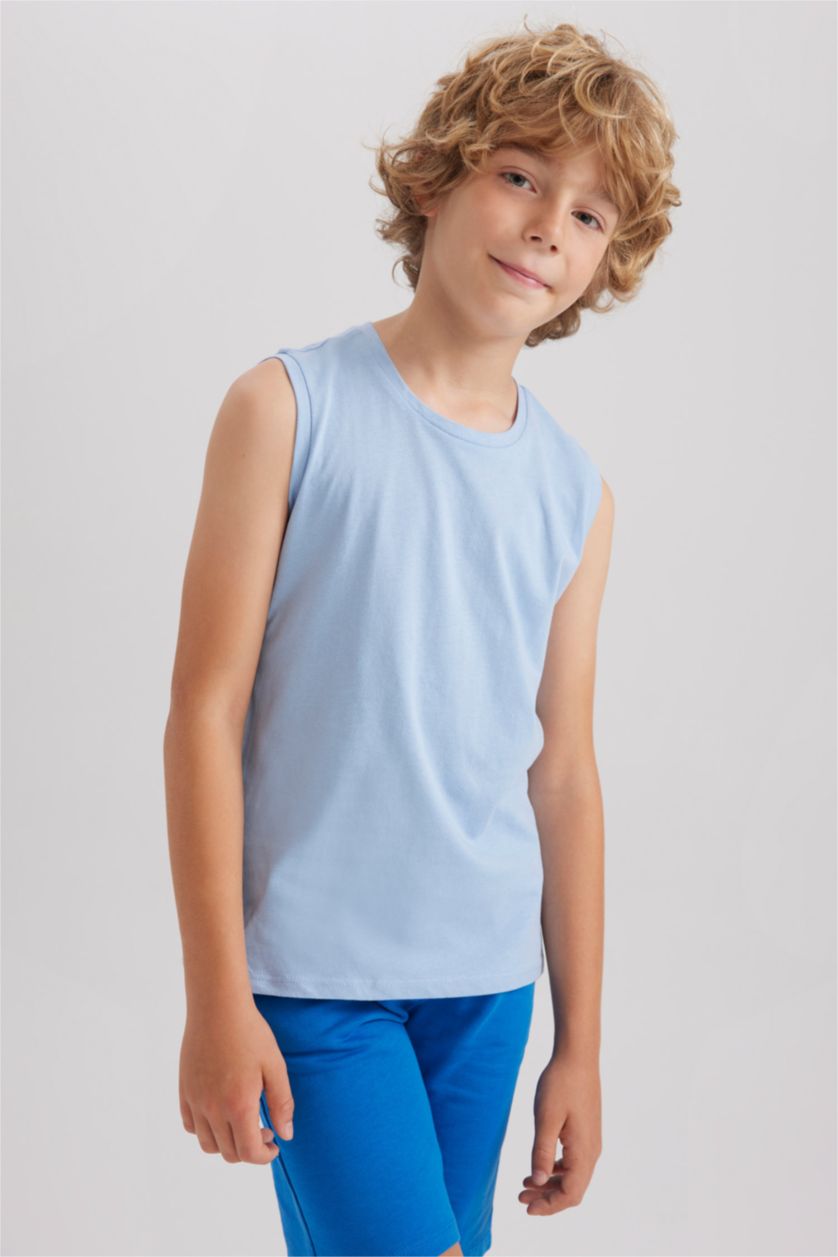 Erkek Çocuk - Genç Erkek Mavi Bisiklet Yaka Basic Düz Atlet Erkek Çocuk