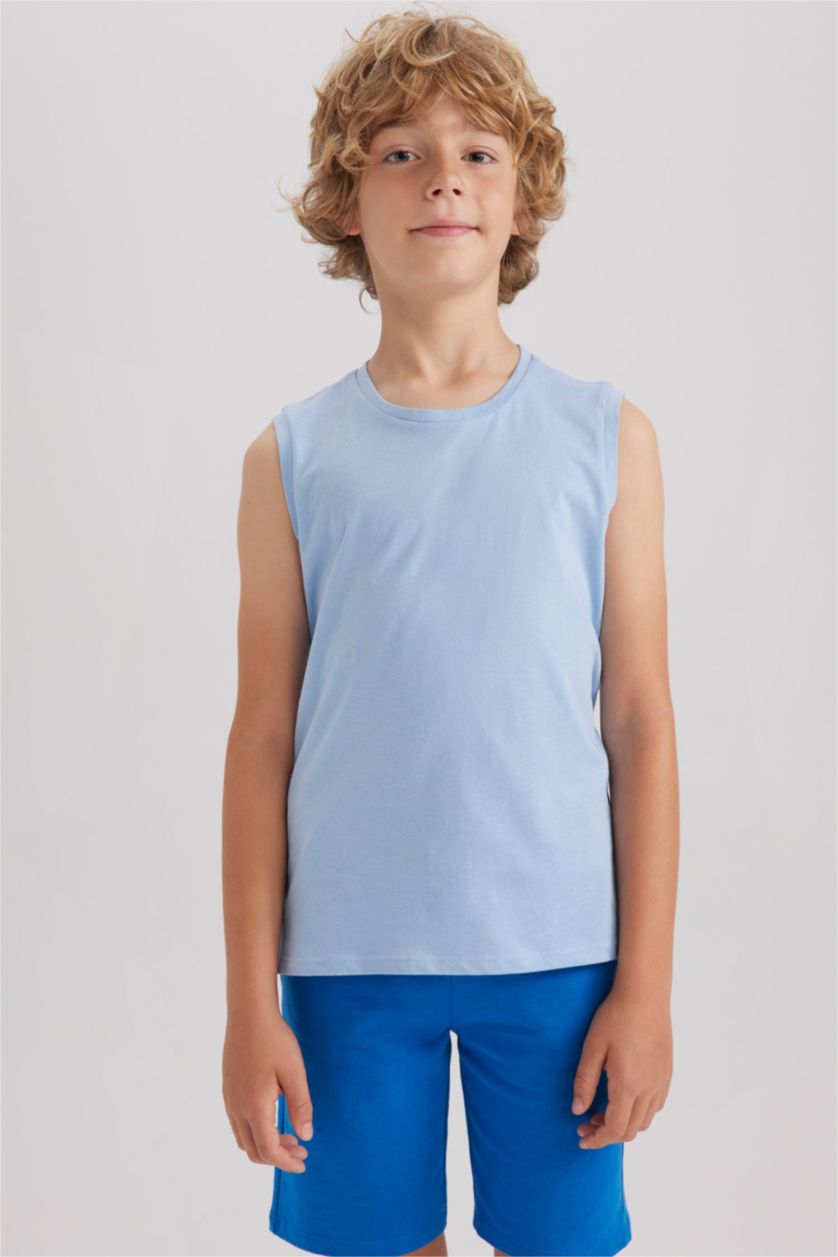 Erkek Çocuk - Genç Erkek Mavi Bisiklet Yaka Basic Düz Atlet Erkek Çocuk