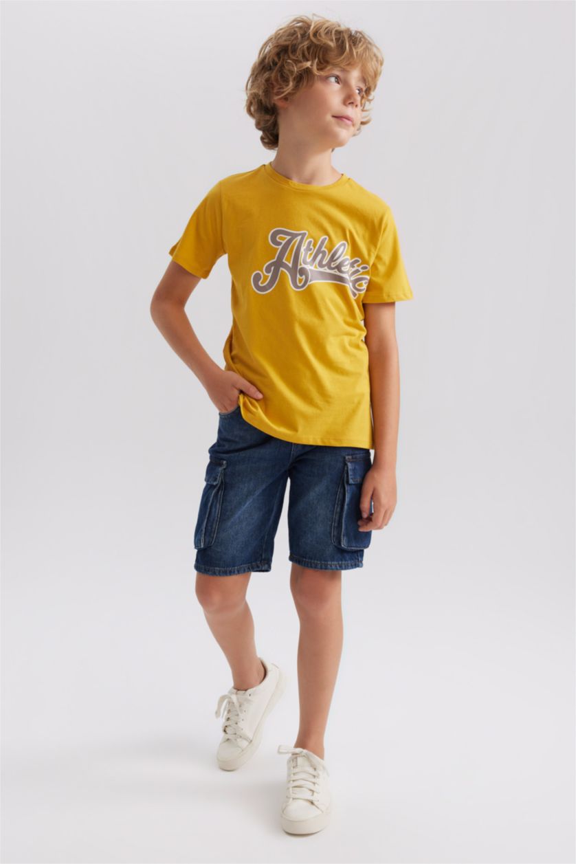 Erkek Çocuk - Genç Erkek Sarı Bisiklet Yaka Baskılı Kısa Kollu Tişört Erkek Çocuk