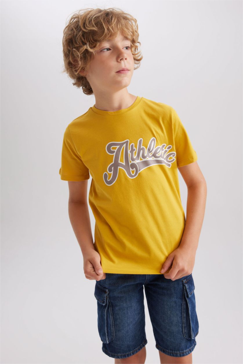 Erkek Çocuk - Genç Erkek Sarı Bisiklet Yaka Baskılı Kısa Kollu Tişört Erkek Çocuk