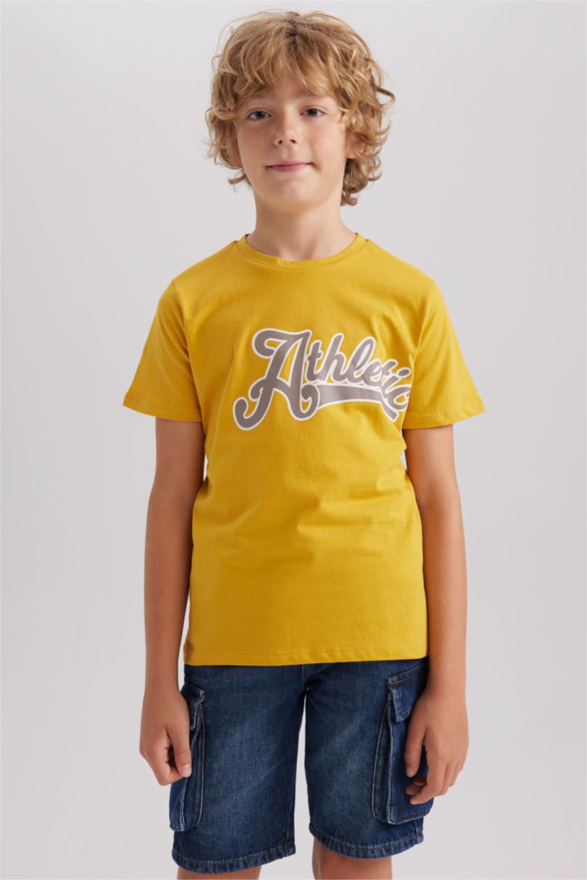 Erkek Çocuk - Genç Erkek Sarı Bisiklet Yaka Baskılı Kısa Kollu Tişört Erkek Çocuk