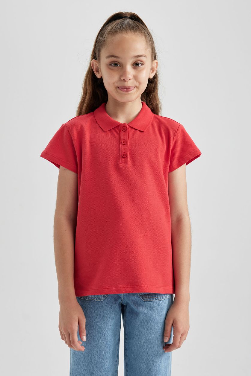 Girls & Teens Red Girl Regular Fit Polo Neck Cotton Polo T-Shirt