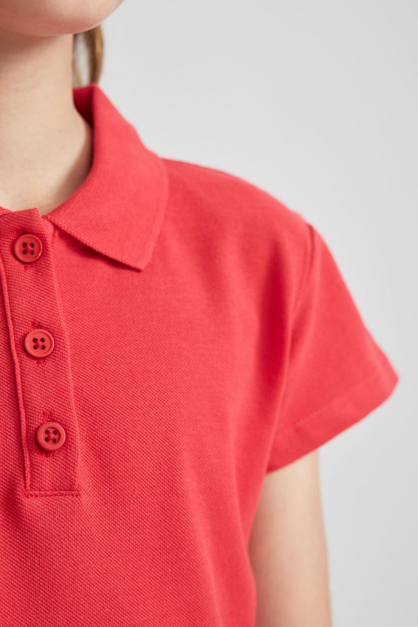 Girls & Teens Red Girl Regular Fit Polo Neck Cotton Polo T-Shirt