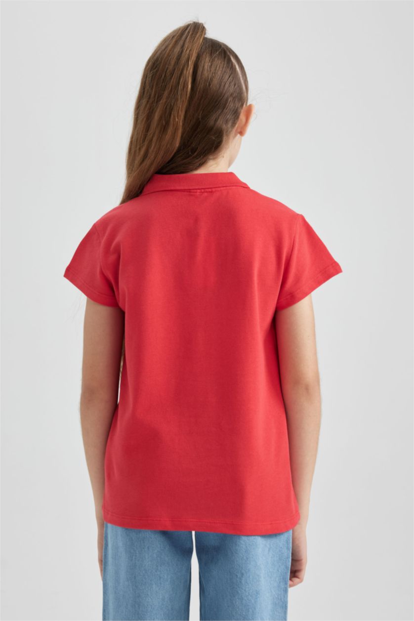 Girls & Teens Red Girl Regular Fit Polo Neck Cotton Polo T-Shirt