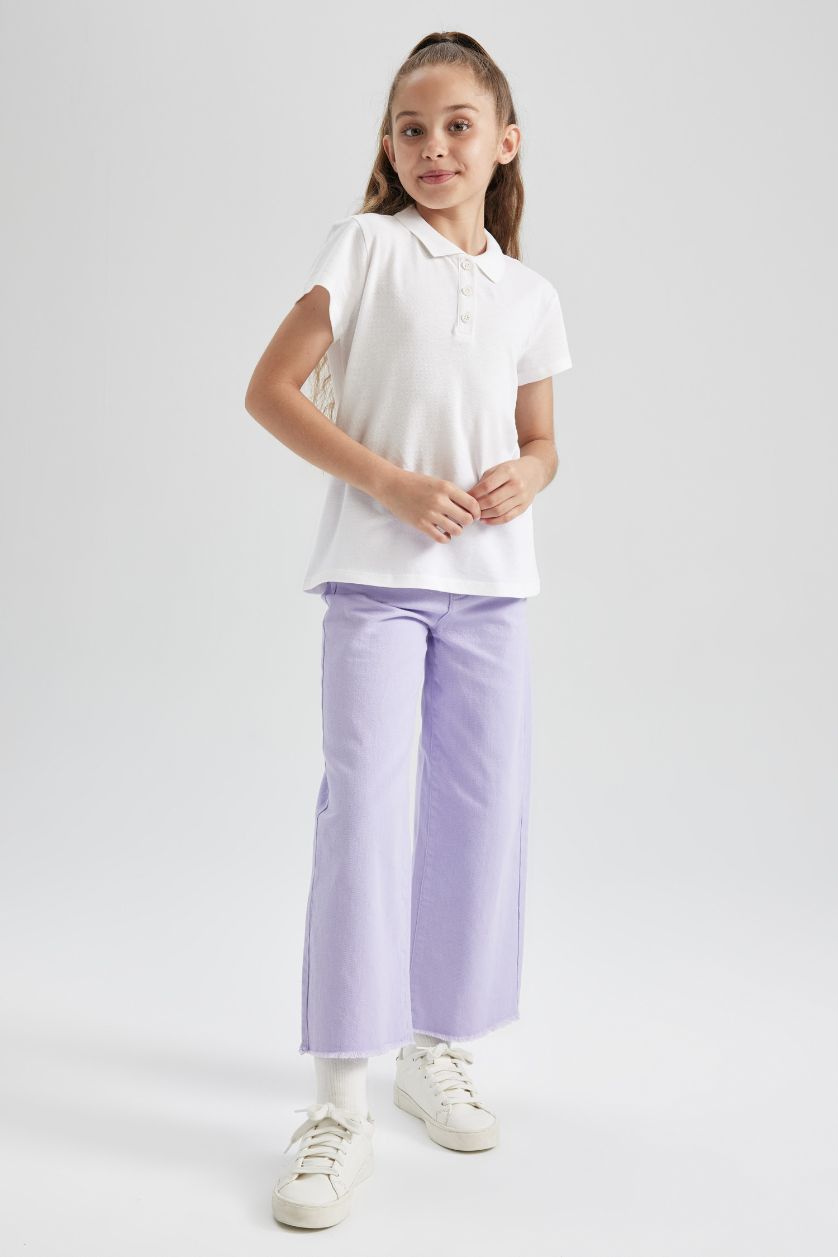 Kız Çocuk - Genç Kız Beyaz Pamuklu Kısa Kollu Basic Düz Polo Tişört Kız Çocuk