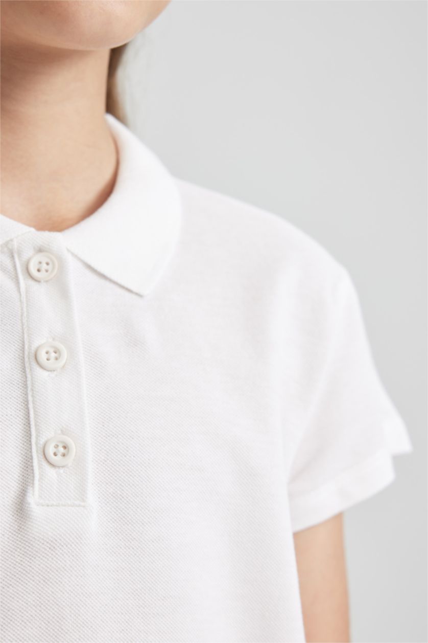 Kız Çocuk - Genç Kız Beyaz Pamuklu Kısa Kollu Basic Düz Polo Tişört Kız Çocuk