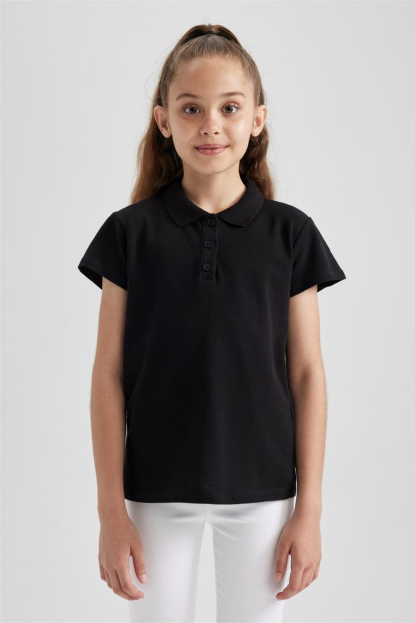 Kız Çocuk - Genç Kız Siyah Pamuklu Kısa Kollu Basic Düz Polo Tişört Kız Çocuk