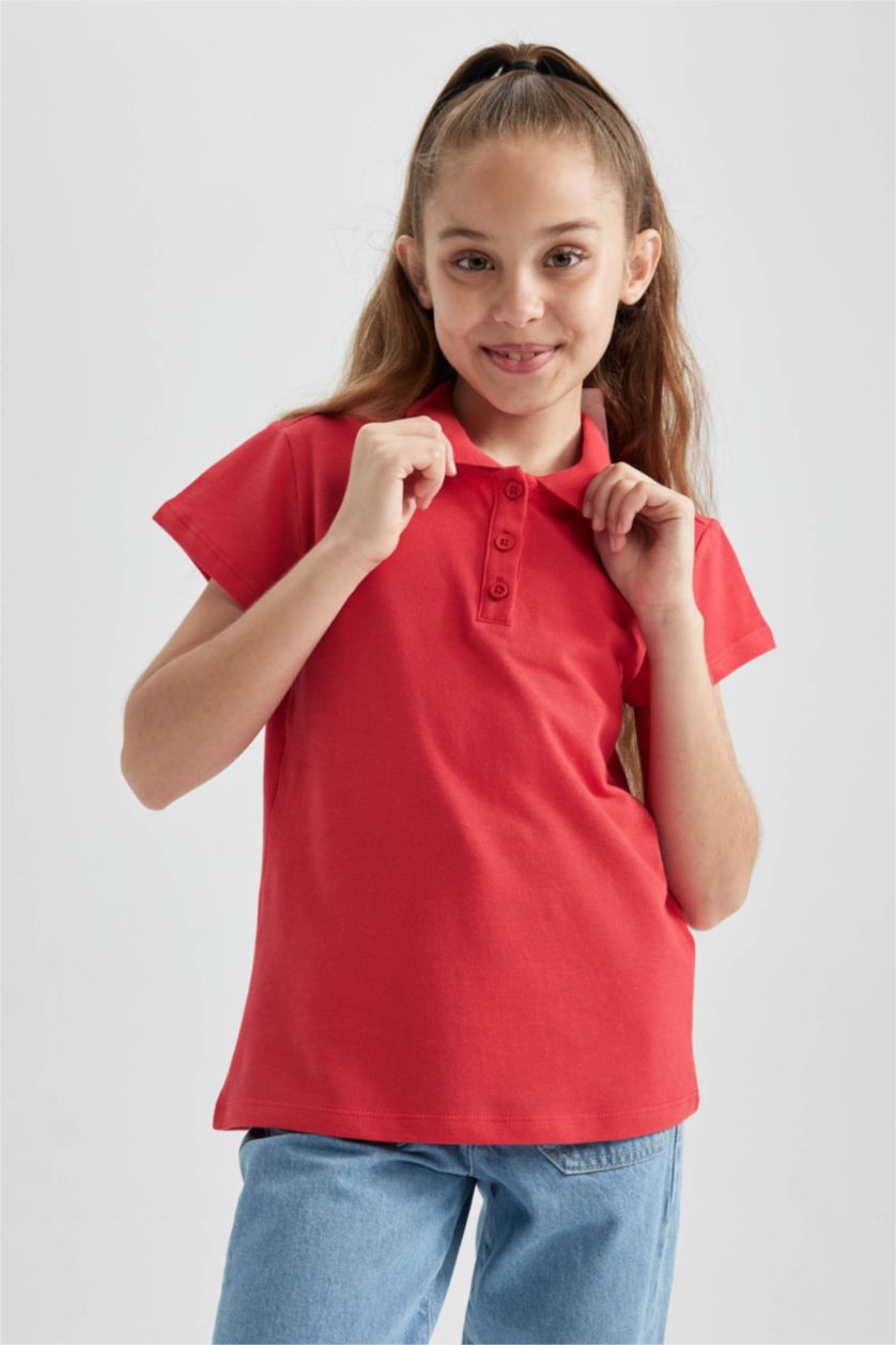 Young Girls - Teen Girls Red Girl Regular Fit Polo Neck Cotton Polo T-Shirt