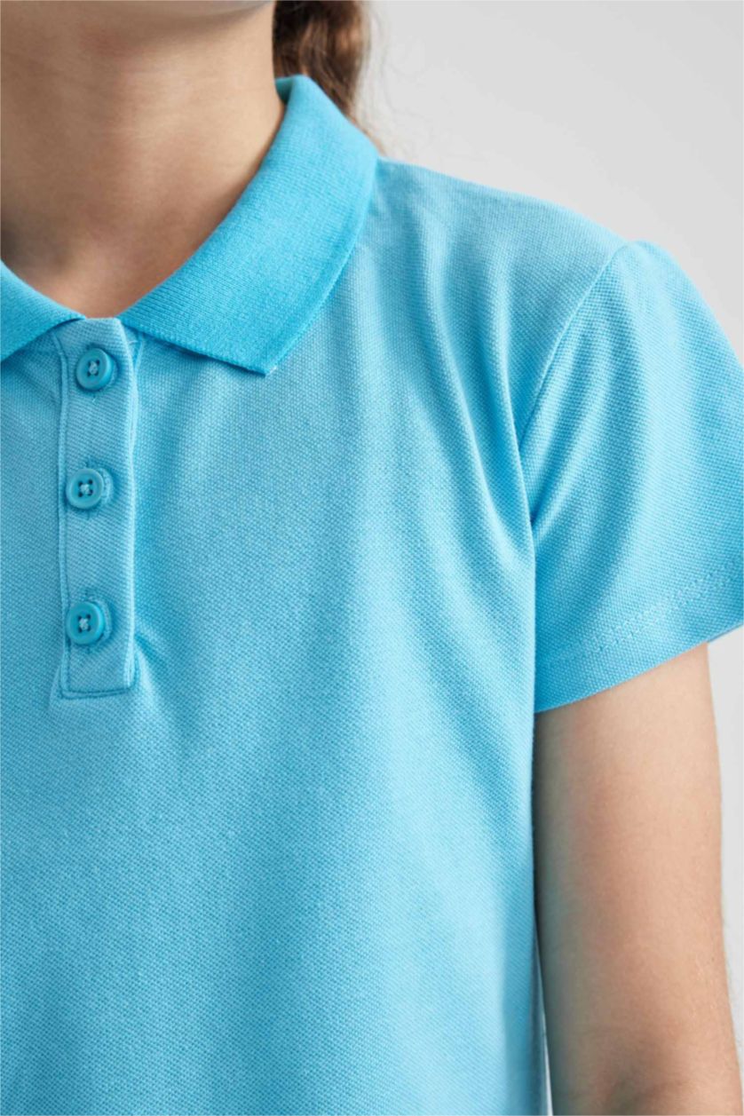 Kız Çocuk - Genç Kız Turkuaz Pamuklu Kısa Kollu Basic Düz Polo Tişört Kız Çocuk