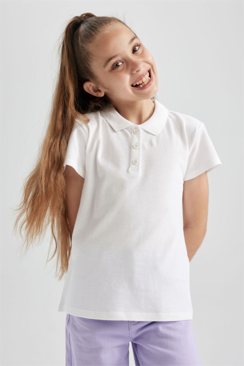 Young Girls - Teen Girls White Girl Cotton Short Sleeve Basic Polo T-shirt