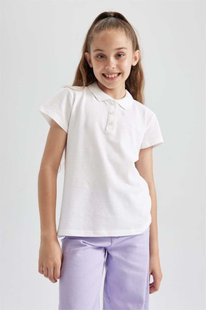 Young Girls - Teen Girls White Girl Cotton Short Sleeve Basic Polo T-shirt