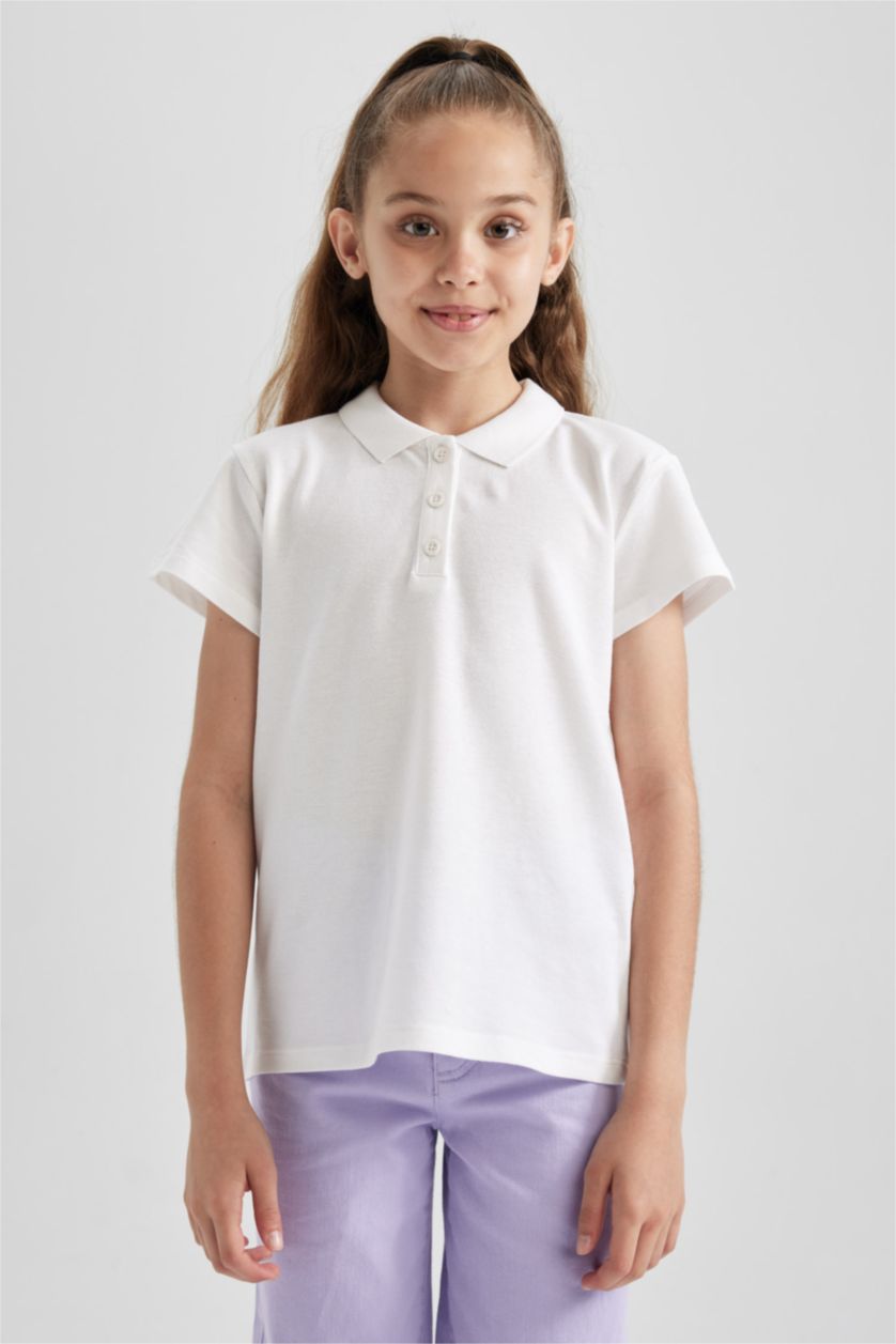 Young Girls - Teen Girls White Girl Cotton Short Sleeve Basic Polo T-shirt
