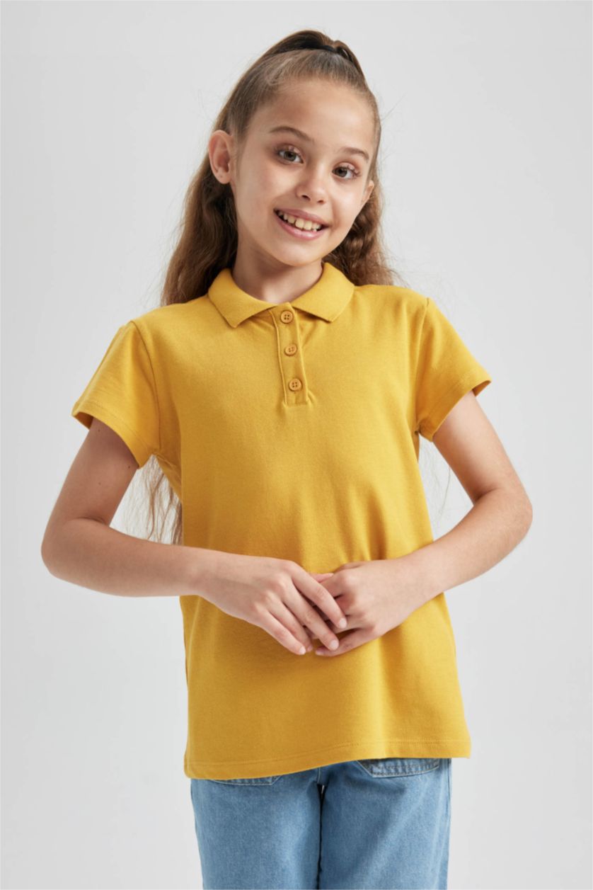 Kız Çocuk - Genç Kız Sarı Pamuklu Kısa Kollu Basic Düz Polo Tişört Kız Çocuk