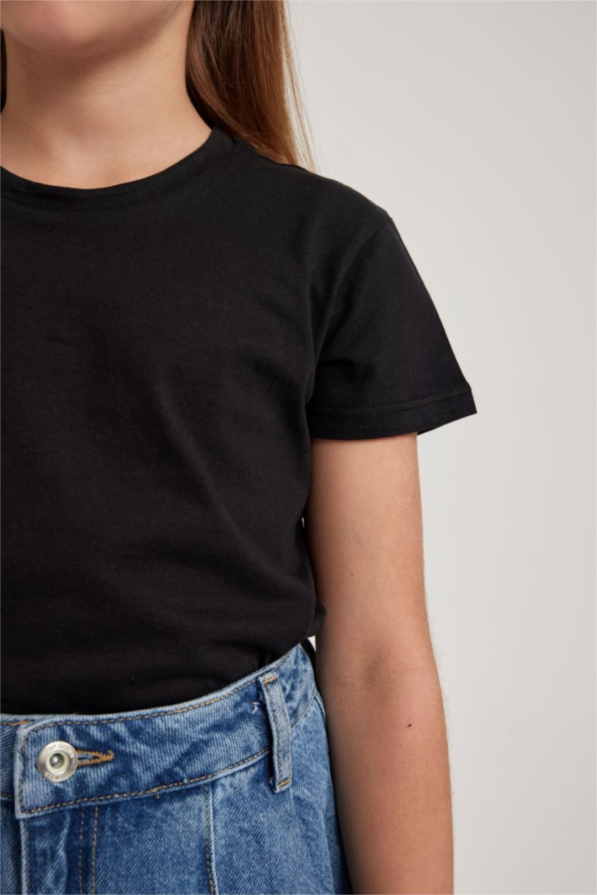 Kız Çocuk - Genç Kız Siyah Kız Çocuk Bisiklet Yaka Basic Düz Kısa Kollu Tişört