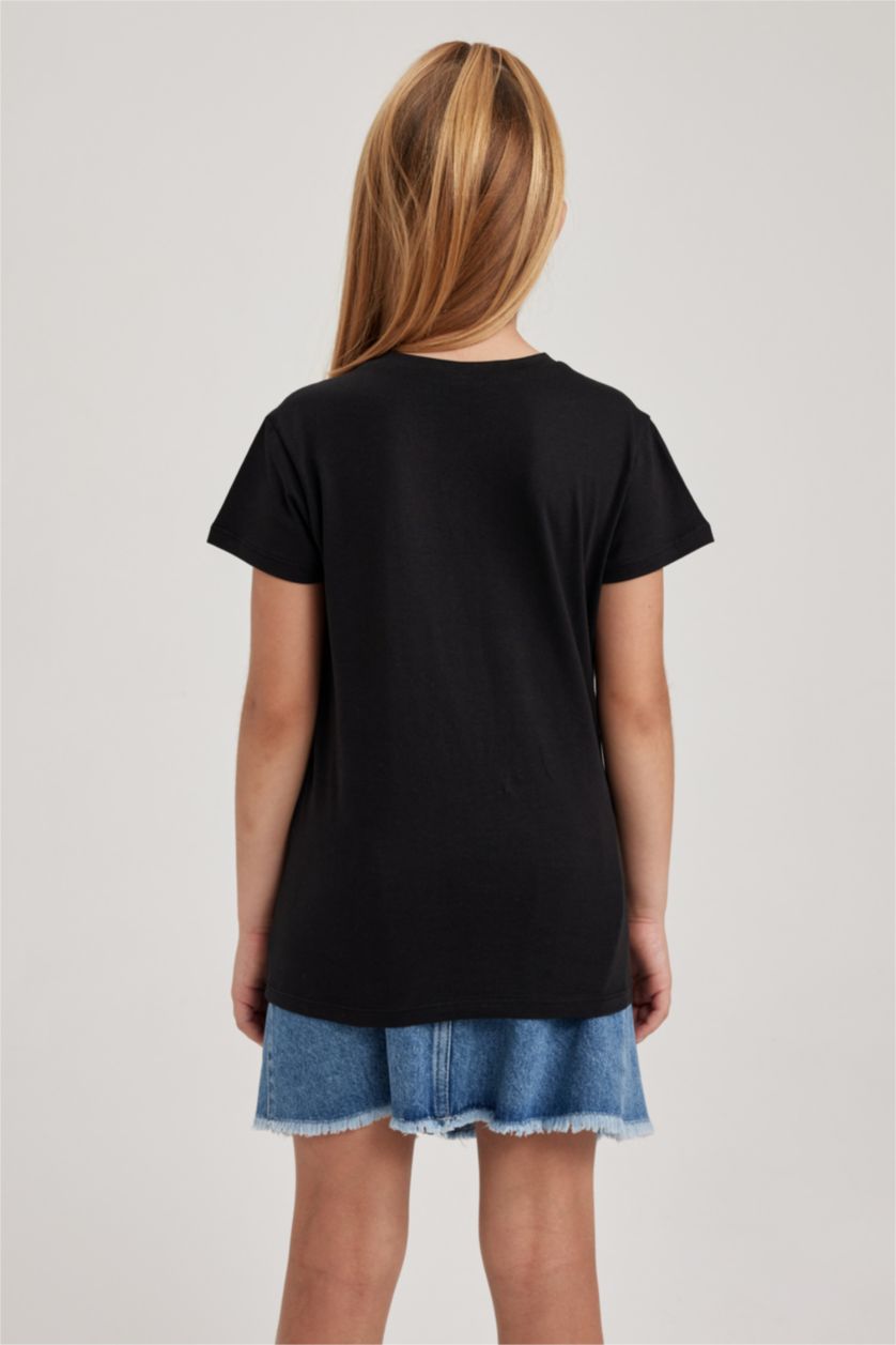 Kız Çocuk - Genç Kız Siyah Kız Çocuk Bisiklet Yaka Basic Düz Kısa Kollu Tişört