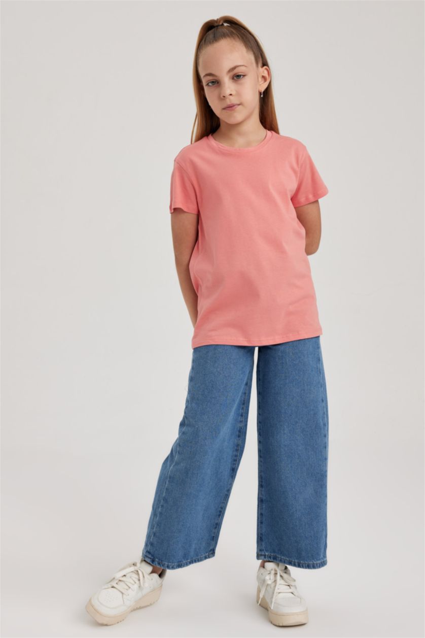Kız Çocuk - Genç Kız Pembe Bisiklet Yaka Basic Düz Kısa Kollu Tişört Kız Çocuk