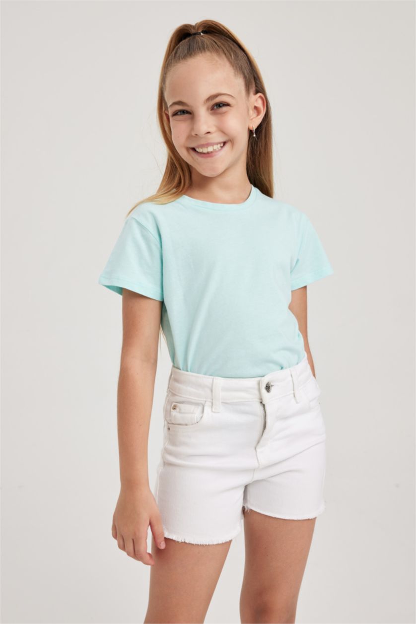 Kız Çocuk - Genç Kız Deniz Mavisi Bisiklet Yaka Basic Düz Kısa Kollu Tişört Kız Çocuk