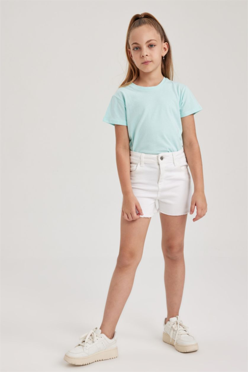 Kız Çocuk - Genç Kız Deniz Mavisi Bisiklet Yaka Basic Düz Kısa Kollu Tişört Kız Çocuk