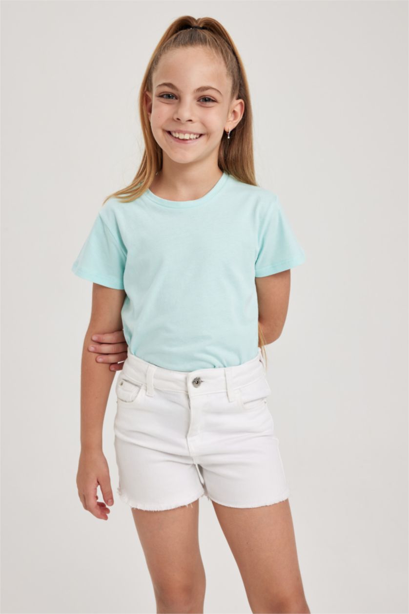 Kız Çocuk - Genç Kız Deniz Mavisi Bisiklet Yaka Basic Düz Kısa Kollu Tişört Kız Çocuk