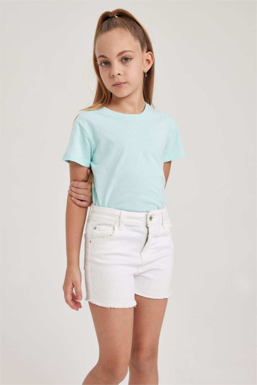 Kız Çocuk - Genç Kız Deniz Mavisi Bisiklet Yaka Basic Düz Kısa Kollu Tişört Kız Çocuk