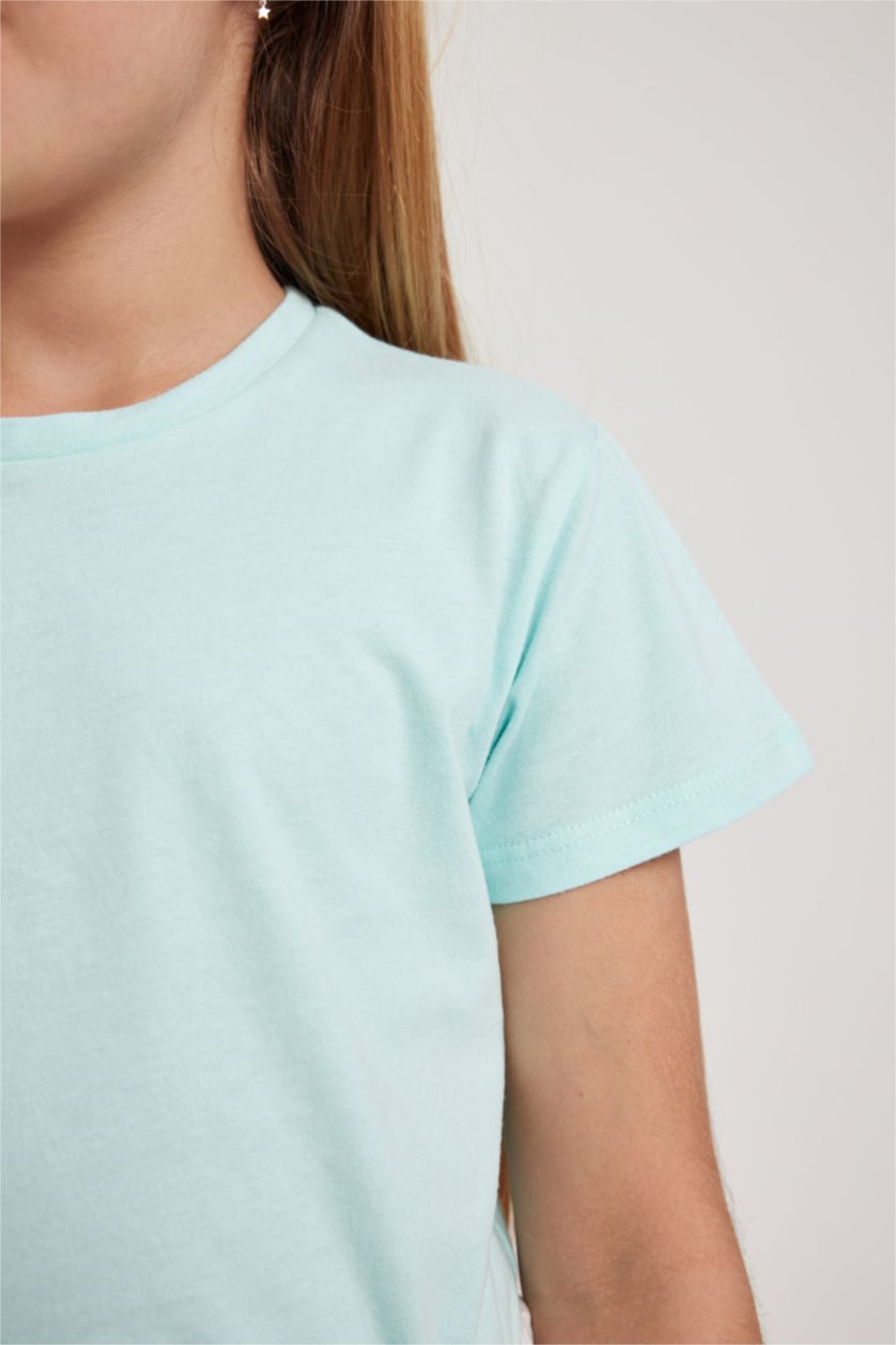 Kız Çocuk - Genç Kız Deniz Mavisi Bisiklet Yaka Basic Düz Kısa Kollu Tişört Kız Çocuk