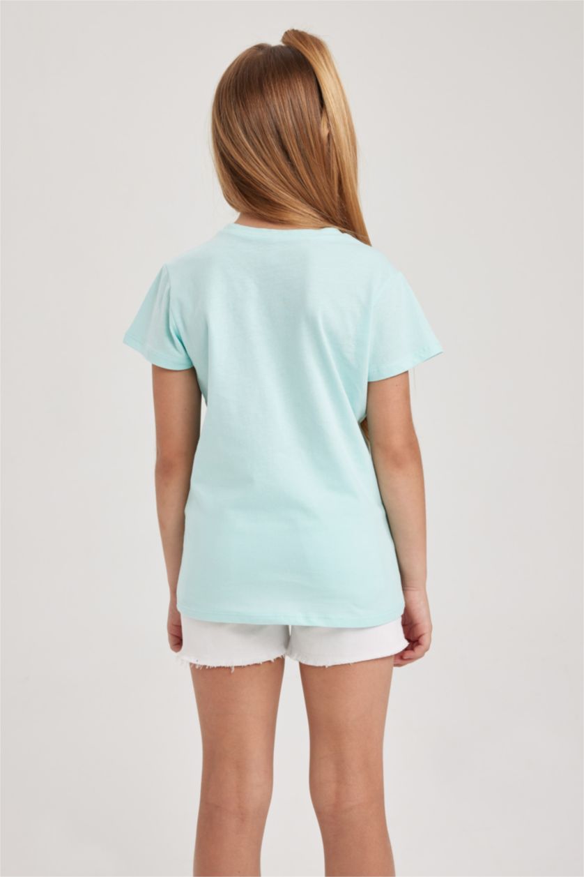 Kız Çocuk - Genç Kız Deniz Mavisi Bisiklet Yaka Basic Düz Kısa Kollu Tişört Kız Çocuk