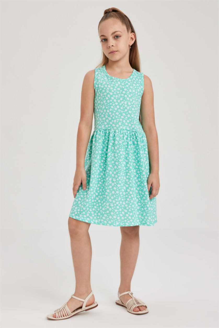 Kız Çocuk - Genç Kız Yeşil Desenli Pamuklu Kolsuz Elbise Kız Çocuk