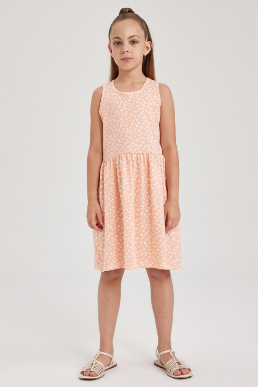 Kız Çocuk - Genç Kız Somon Desenli Pamuklu Kolsuz Elbise Kız Çocuk