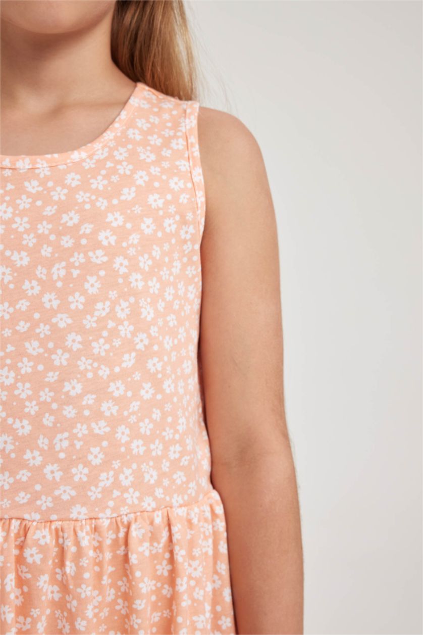 Kız Çocuk - Genç Kız Somon Desenli Pamuklu Kolsuz Elbise Kız Çocuk