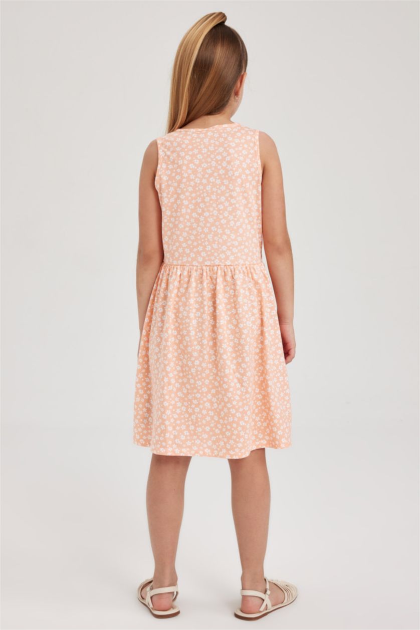 Kız Çocuk - Genç Kız Somon Desenli Pamuklu Kolsuz Elbise Kız Çocuk