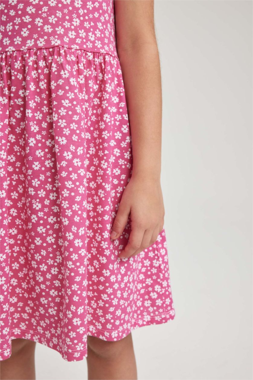 Kız Çocuk - Genç Kız Fuşya Desenli Pamuklu Kolsuz Elbise Kız Çocuk