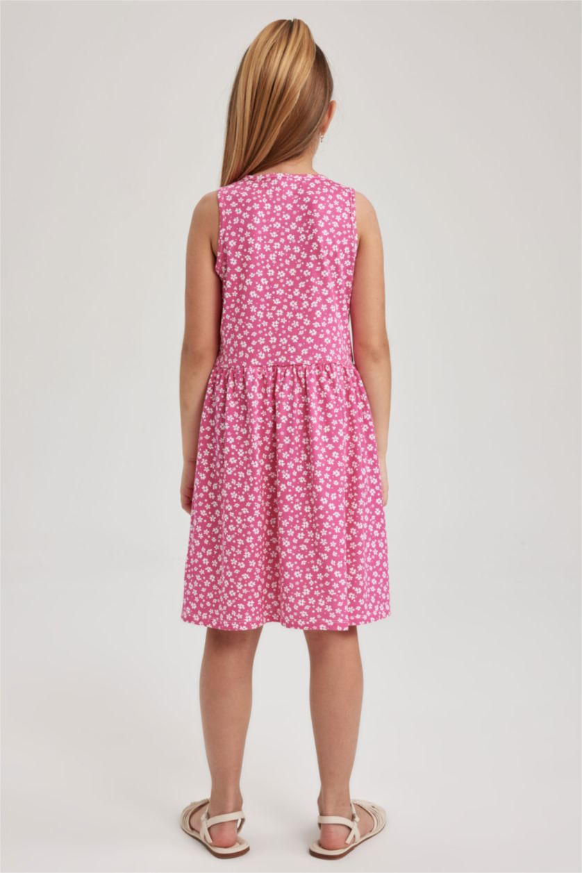 Kız Çocuk - Genç Kız Fuşya Desenli Pamuklu Kolsuz Elbise Kız Çocuk