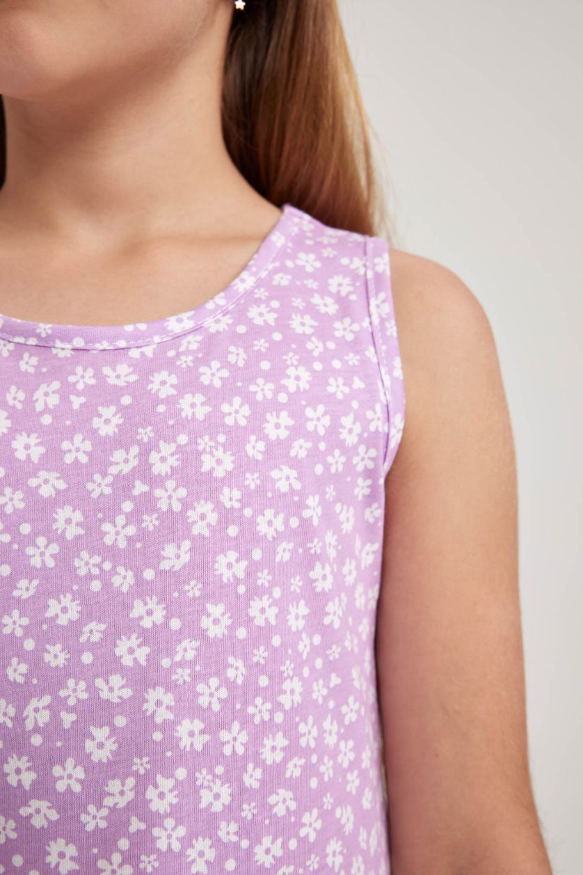 Kız Çocuk - Genç Kız Lila Desenli Pamuklu Kolsuz Elbise Kız Çocuk