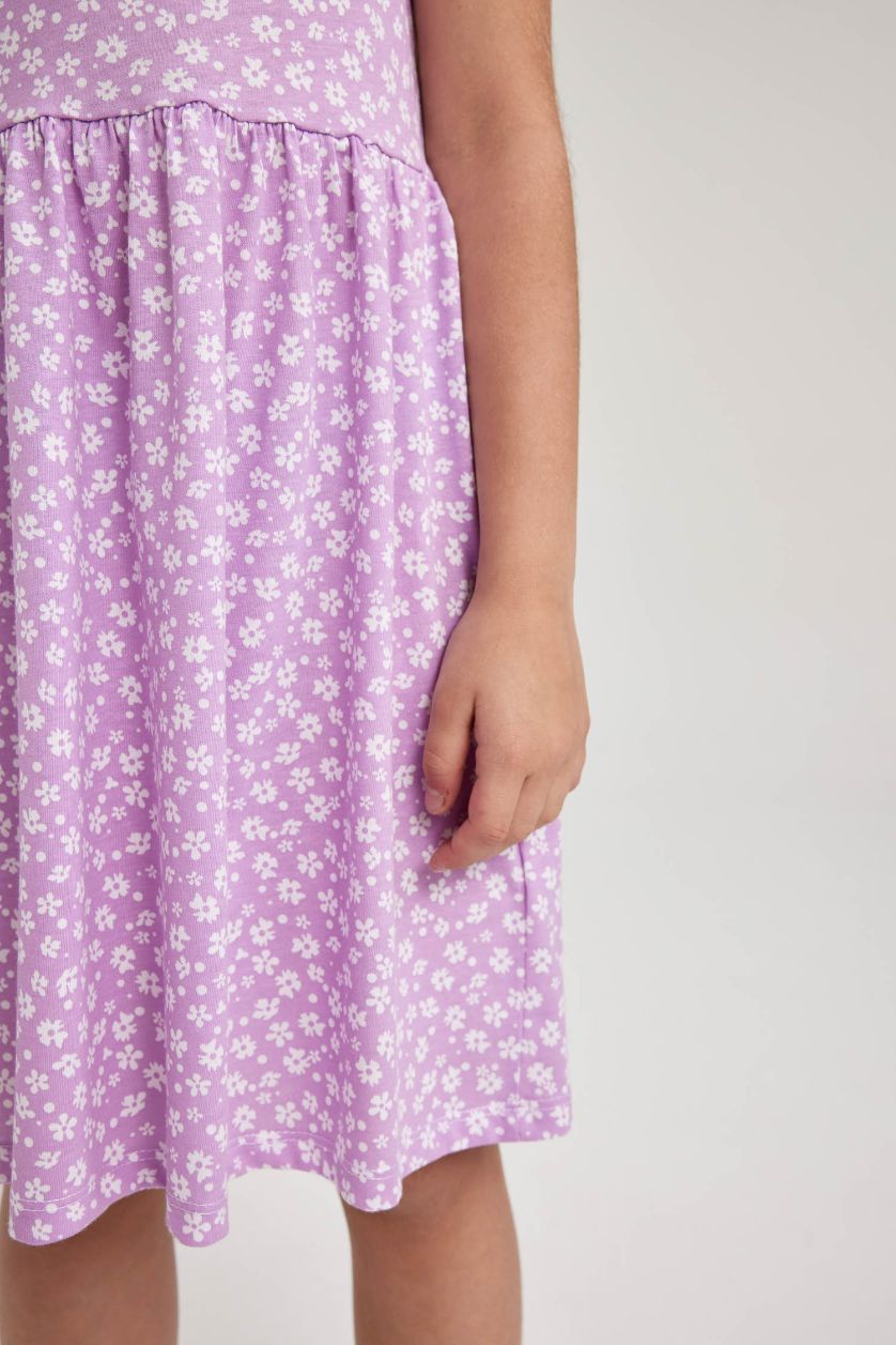Kız Çocuk - Genç Kız Lila Desenli Pamuklu Kolsuz Elbise Kız Çocuk