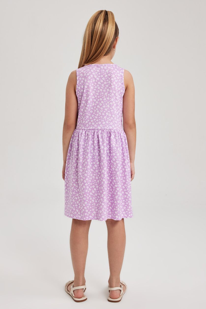 Kız Çocuk - Genç Kız Lila Desenli Pamuklu Kolsuz Elbise Kız Çocuk