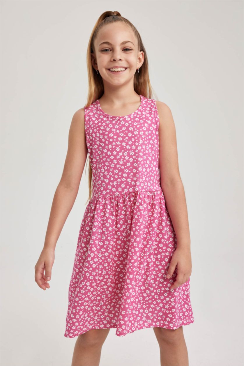 Young Girls - Teen Girls Fushsia Girl Patterned Cotton Sleeveless Dress