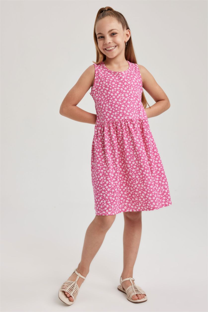 Young Girls - Teen Girls Fushsia Girl Patterned Cotton Sleeveless Dress