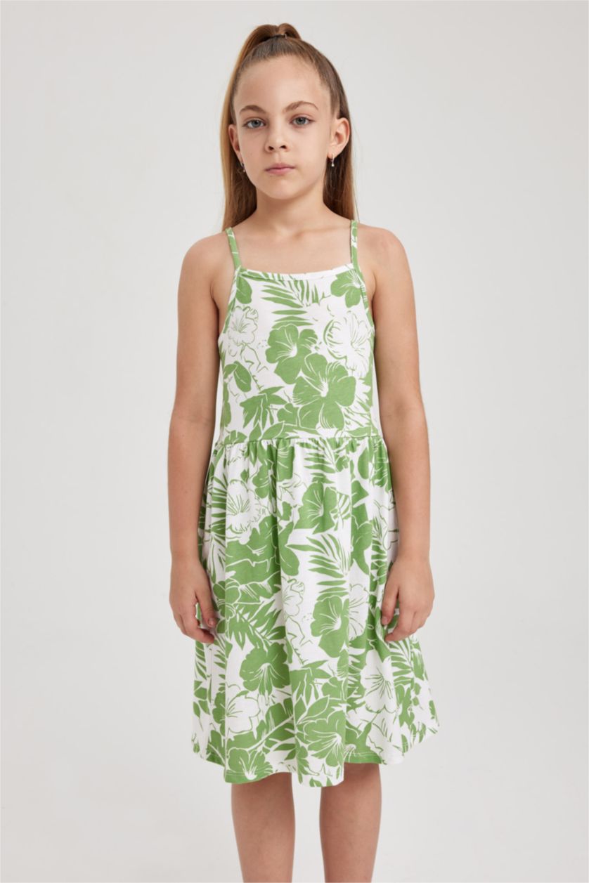 Kız Çocuk - Genç Kız Yeşil Desenli Pamuklu Elbise Kız Çocuk