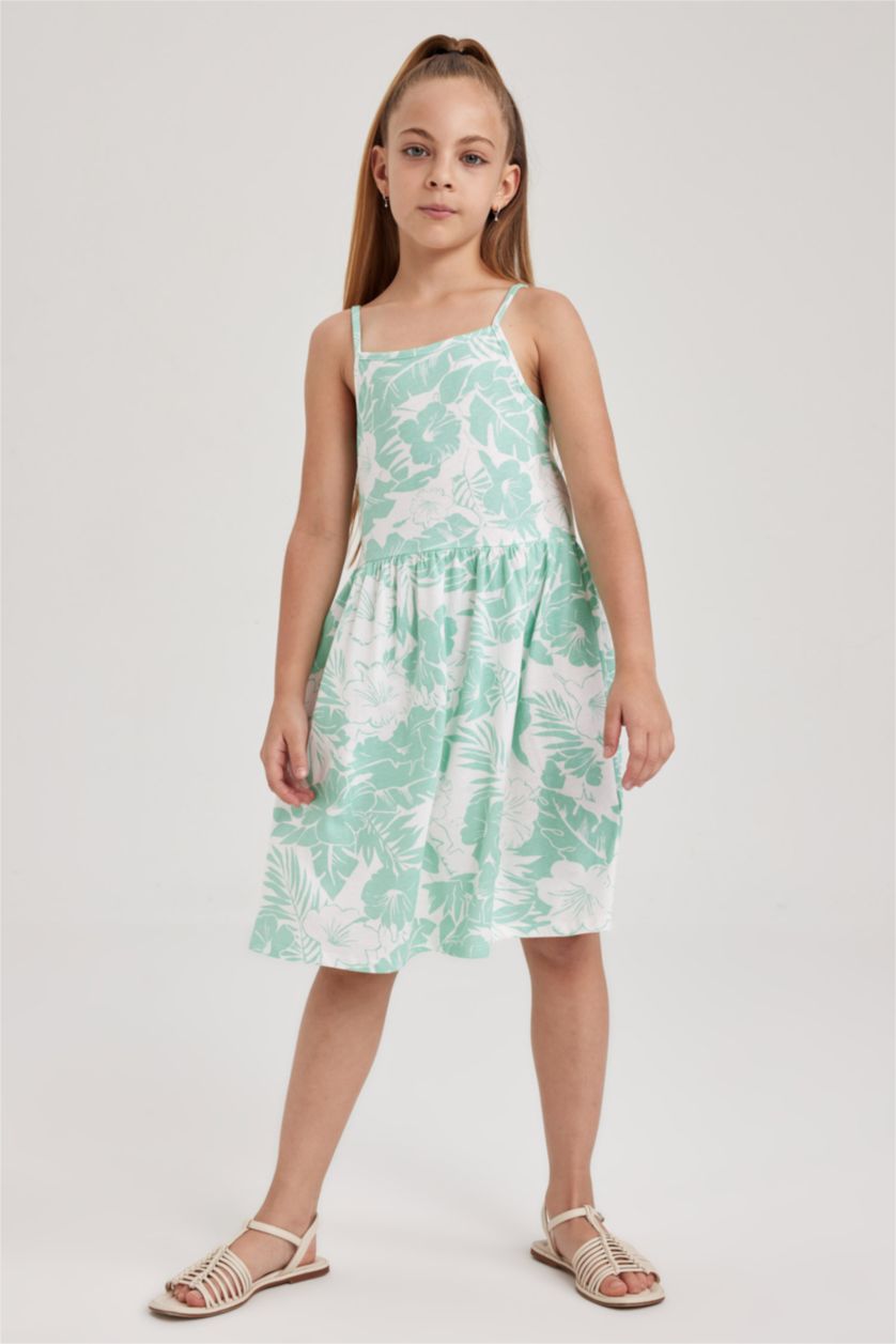 Kız Çocuk - Genç Kız Mint Desenli Pamuklu Askılı Elbise Kız Çocuk