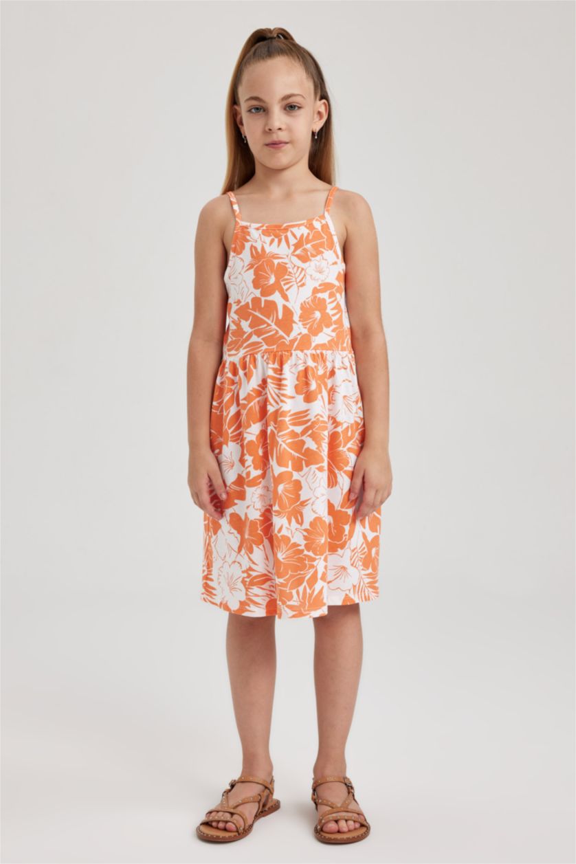 Kız Çocuk - Genç Kız Turuncu Desenli Pamuklu Elbise Kız Çocuk