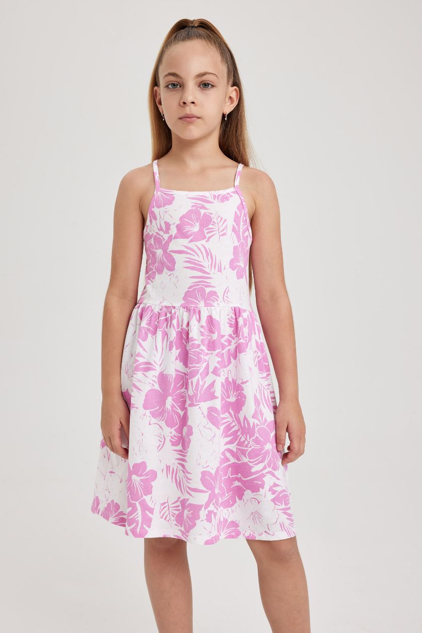 Kız Çocuk - Genç Kız Pembe Desenli Pamuklu Askılı Elbise Kız Çocuk