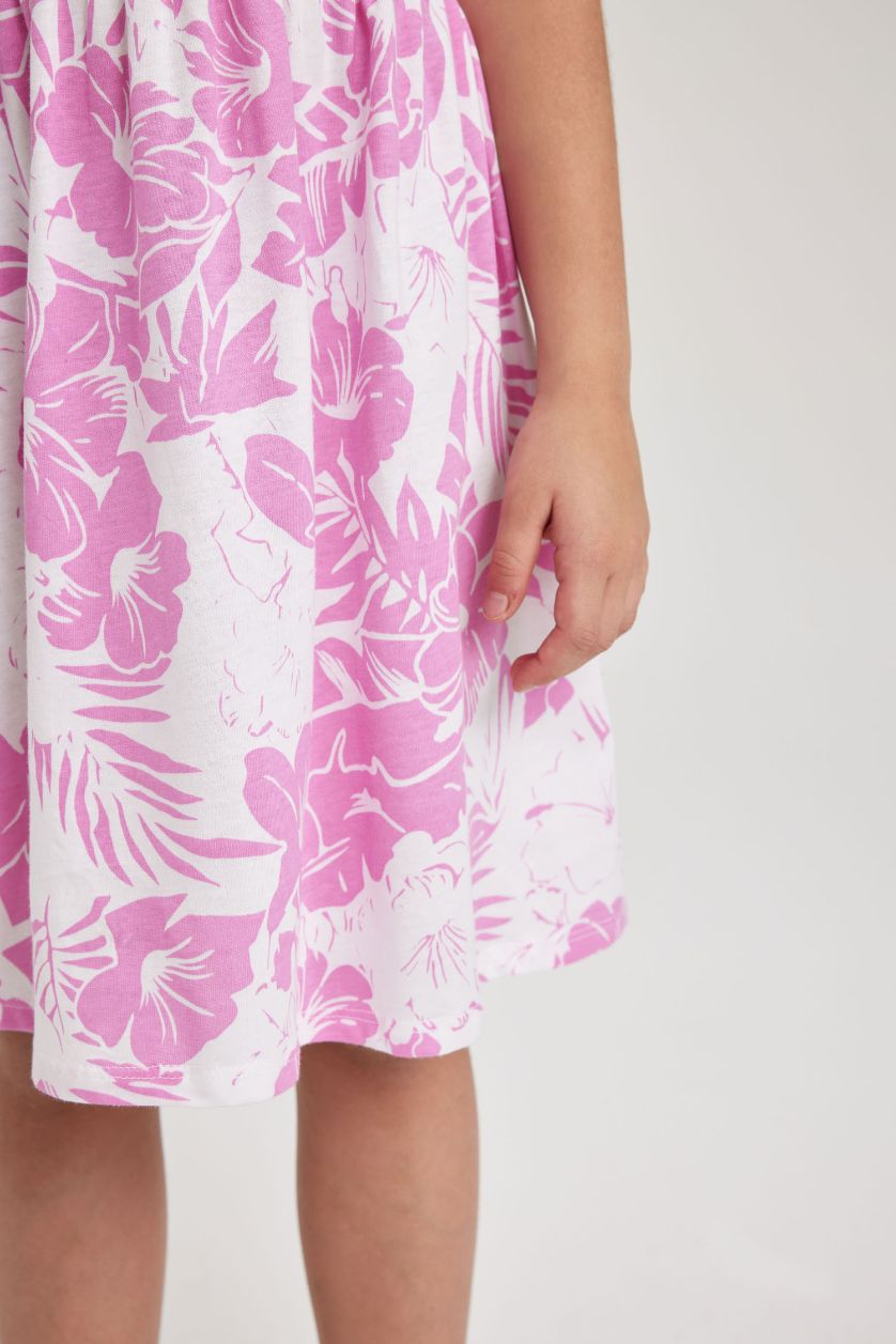 Kız Çocuk - Genç Kız Pembe Desenli Pamuklu Askılı Elbise Kız Çocuk