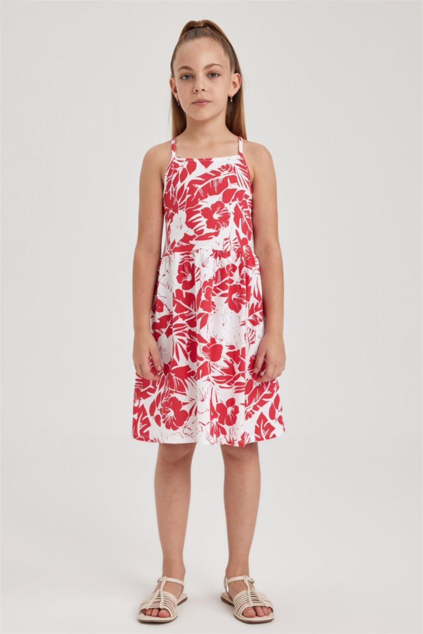 Kız Çocuk - Genç Kız Kırmızı Desenli Pamuklu Askılı Elbise Kız Çocuk