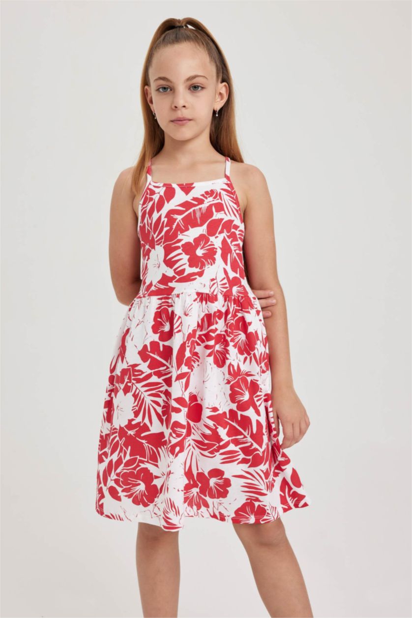 Kız Çocuk - Genç Kız Kırmızı Desenli Pamuklu Askılı Elbise Kız Çocuk