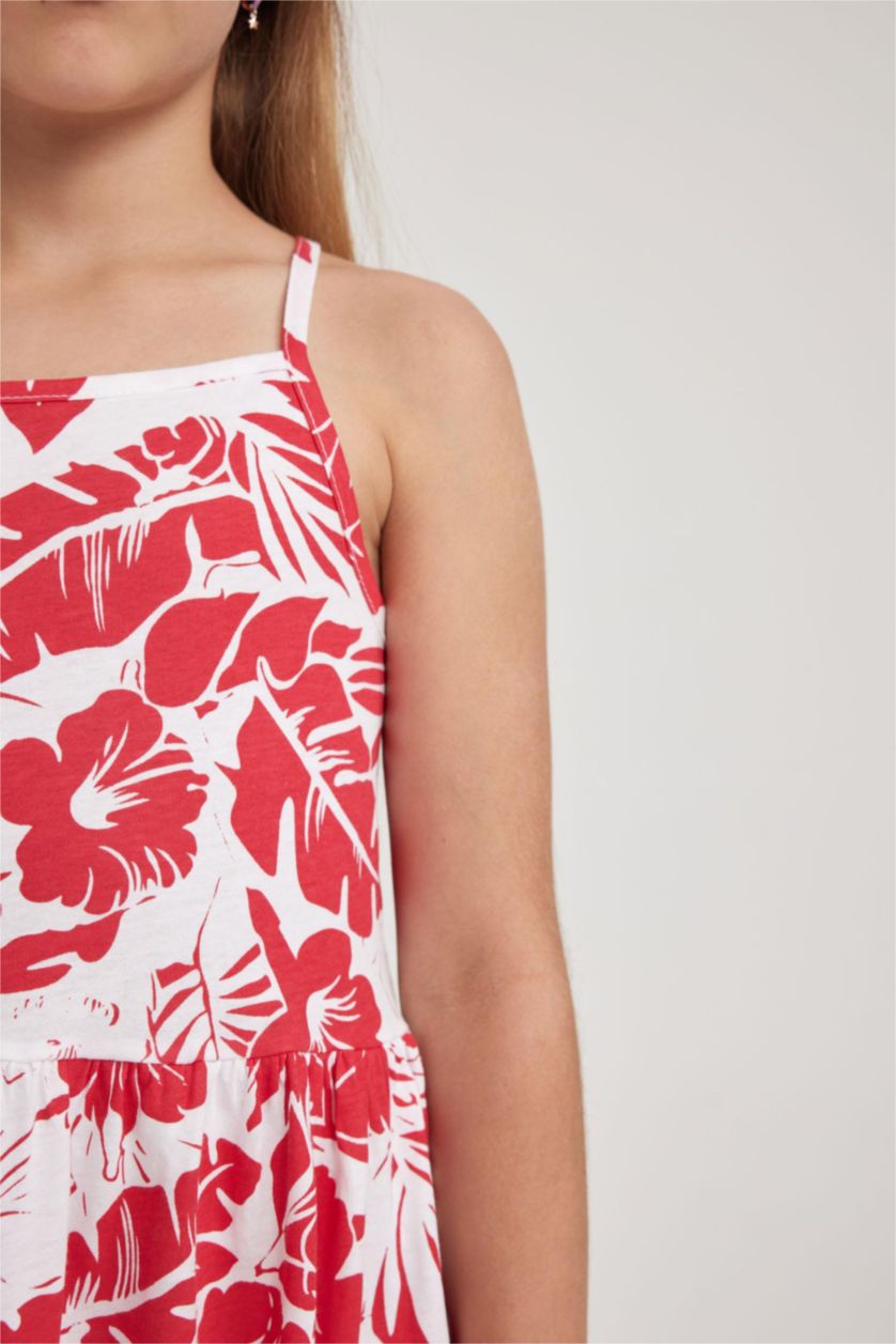 Kız Çocuk - Genç Kız Kırmızı Desenli Pamuklu Askılı Elbise Kız Çocuk