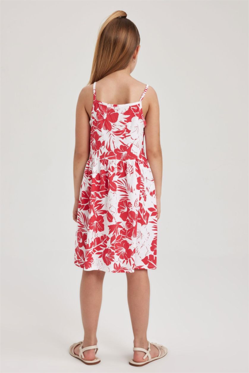 Kız Çocuk - Genç Kız Kırmızı Desenli Pamuklu Askılı Elbise Kız Çocuk