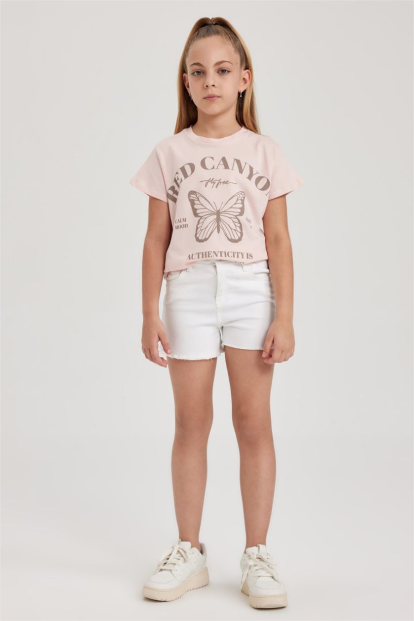 Kız Çocuk - Genç Kız Pembe Bisiklet Yaka Baskılı Kısa Kollu Tişört Kız Çocuk